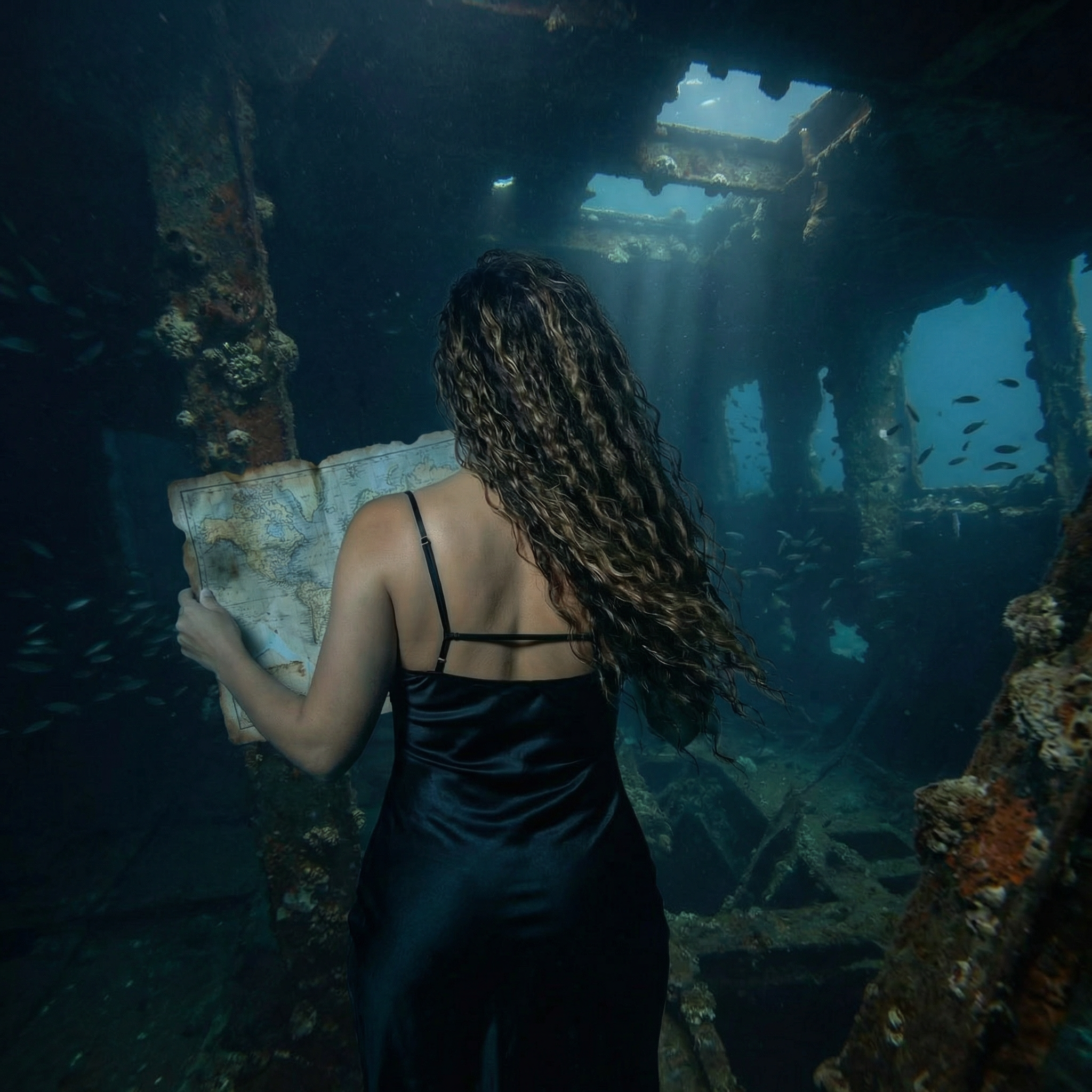Siren with a map in a shipwreck — Social Selling Sirens A woman in a black slip dress, seen from behind underwater, holding an old map inside a sunken shipwreck.
