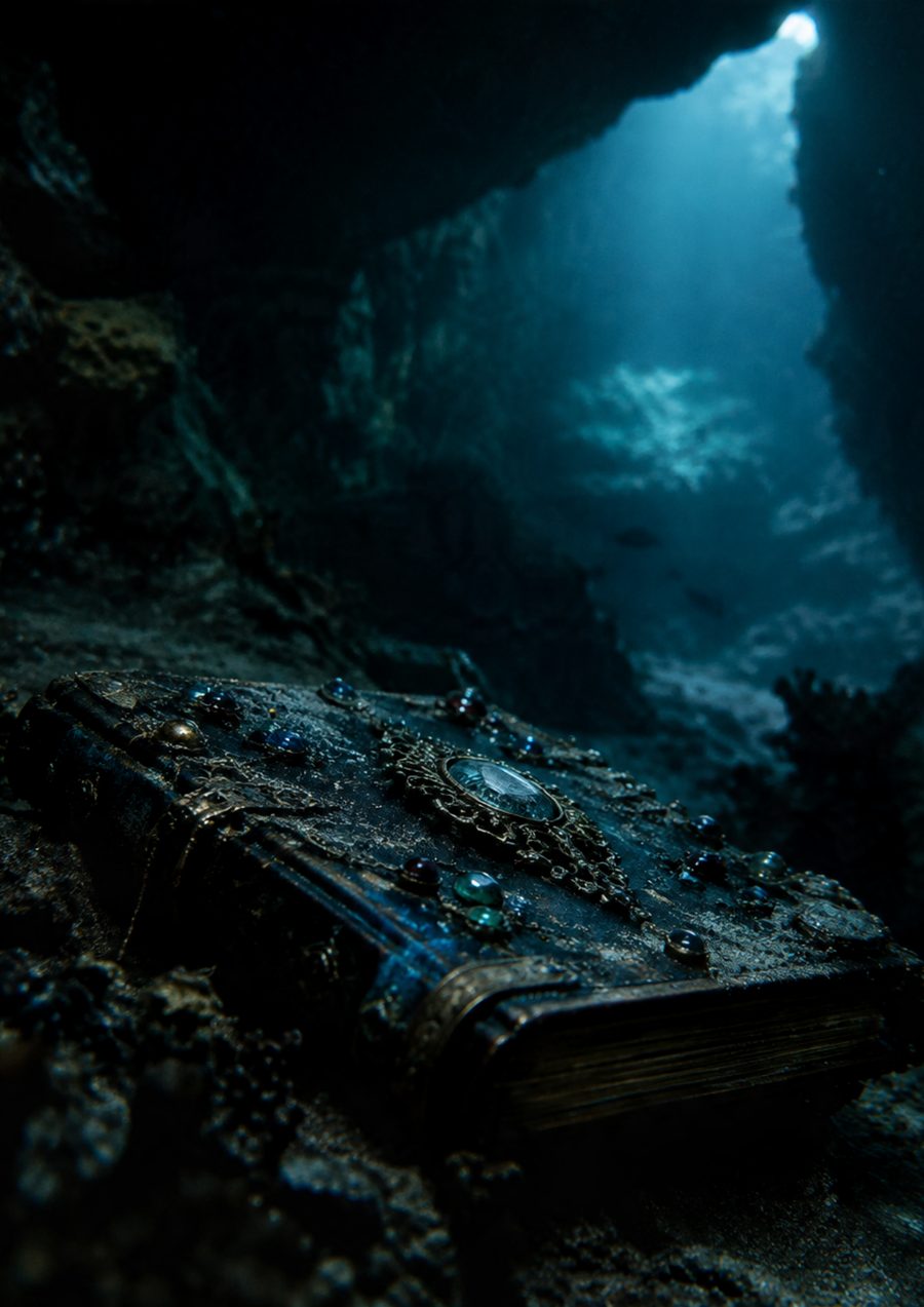 lisa-latimer-social-selling-sirens-siren-journal An ornate jeweled journal resting on the floor of a dark underwater cave, with light filtering down from an opening above.