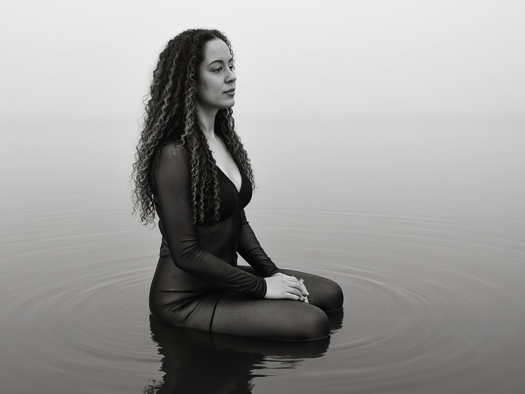 Lisa Latimer in still water and fog — Social Selling Sirens Lisa Latimer kneeling in still water in the fog, calm and composed, as ripples spread out around her.