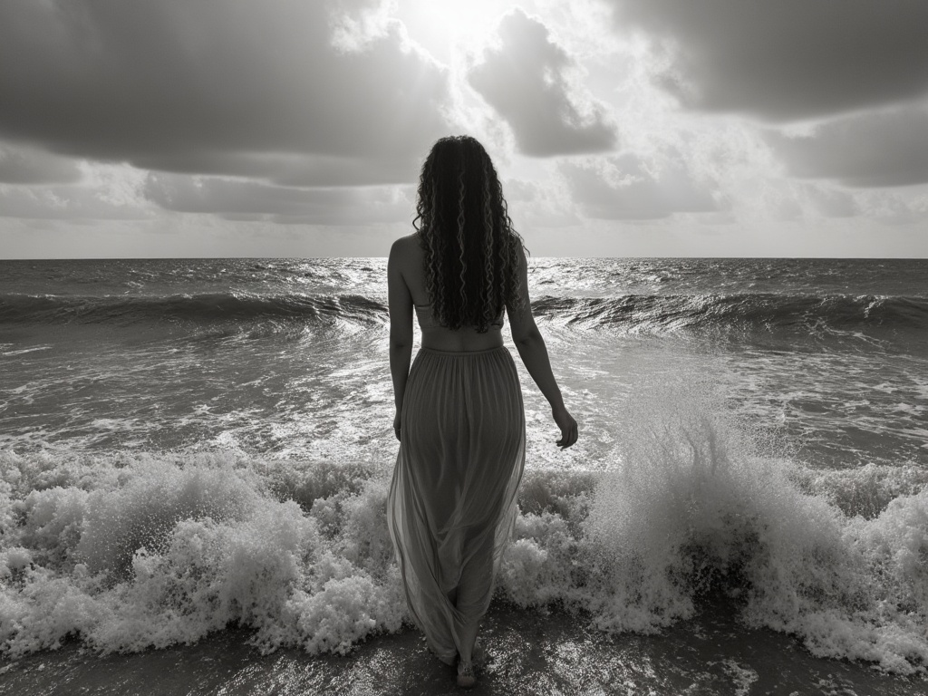 Lisa Latimer walking into the waves — Social Selling Sirens Lisa Latimer in a flowing white gown, walking toward crashing waves.